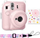 Case voor Fujifilm Instax Mini 12 – Hoesje met Draagriem – 1 Stuk Camera Stickers – Transparant Case – Roze Neck strap