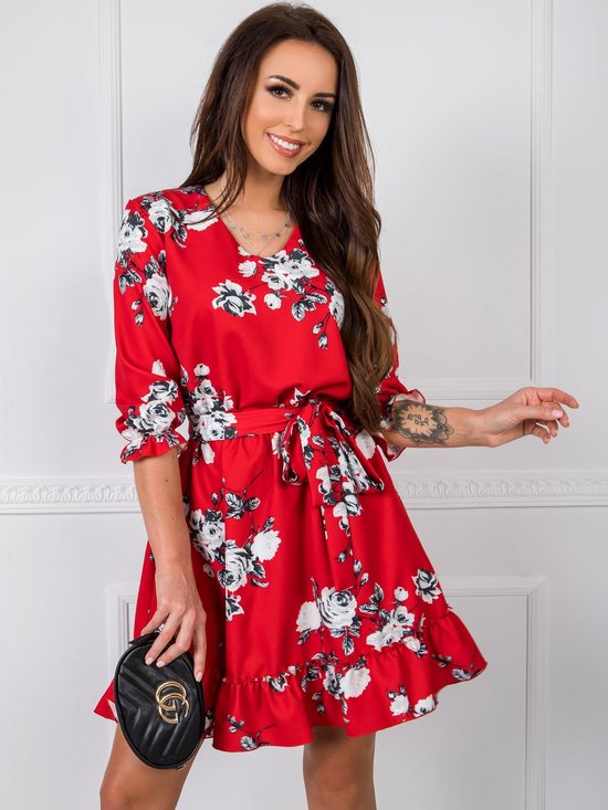 jurk - met riem - maat S - maat 36 - rood - met bloemen - dames mode - dames jurk met riem