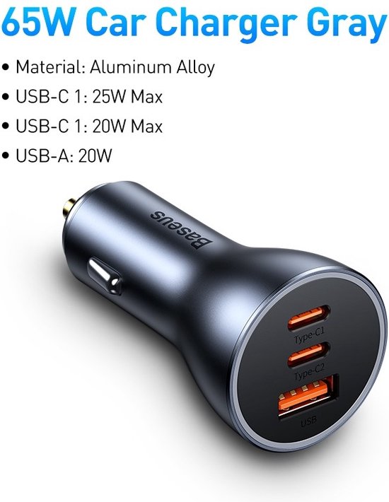 Chargeur De Voiture 120W Avec Port USB-C Charge Rapide QC 3.0 PD 3.0 -  Baseus