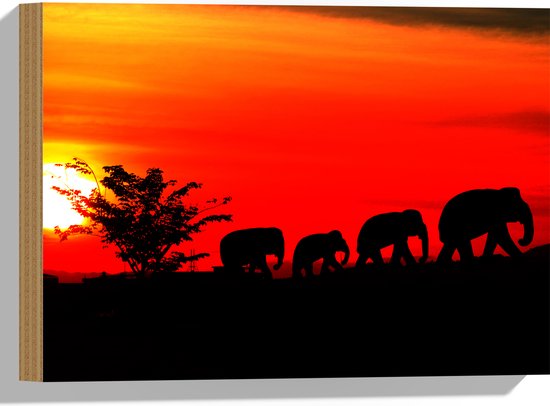 Hout - Silhouet van Familie Olifanten Lopend over Afrikaans Landschap - 40x30 cm - 9 mm dik - Foto op Hout (Met Ophangsysteem)
