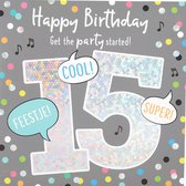 Depesche - Cijferkaart met muziek, vierkant met de tekst "15 - Happy Birthday - Get the party started!" - mot. 025