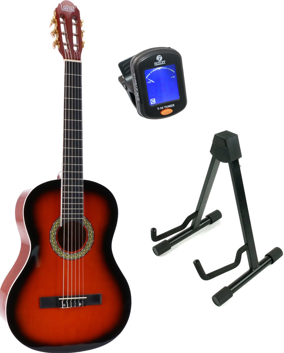 LaPaz 002 SB klassieke gitaar 4/4-formaat sunburst + statief + tuner