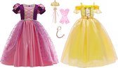 Het Betere Merk - 2 x Deluxe prinsessenjurk meisje - Verkleedjurk - maat 110/116 (120) - Verkleedkleren meisje - Haarband met vlecht - Magische toverstaf - Kroon - Tiara - Roze - Geel - Prinsessen speelgoed - Verjaardag meisje - Kleed