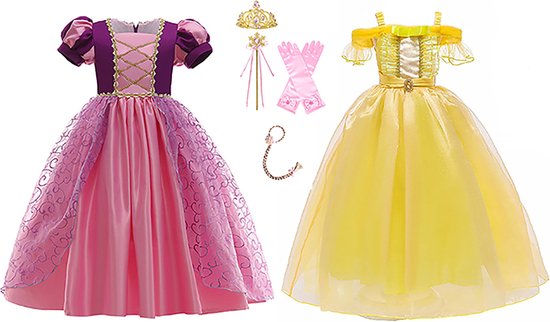 Het Betere Merk - 2 x Deluxe prinsessenjurk meisje - Verkleedjurk - maat 110/116 (120) - Verkleedkleren meisje - Haarband met vlecht - Magische toverstaf - Kroon - Tiara - Roze - Geel - Prinsessen speelgoed - Verjaardag meisje - Kleed