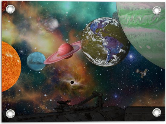 Tuinposter – Alle Planeten van het Universum vanaf Ruimteschip - 40x30 cm Foto op Tuinposter (wanddecoratie voor buiten en binnen)