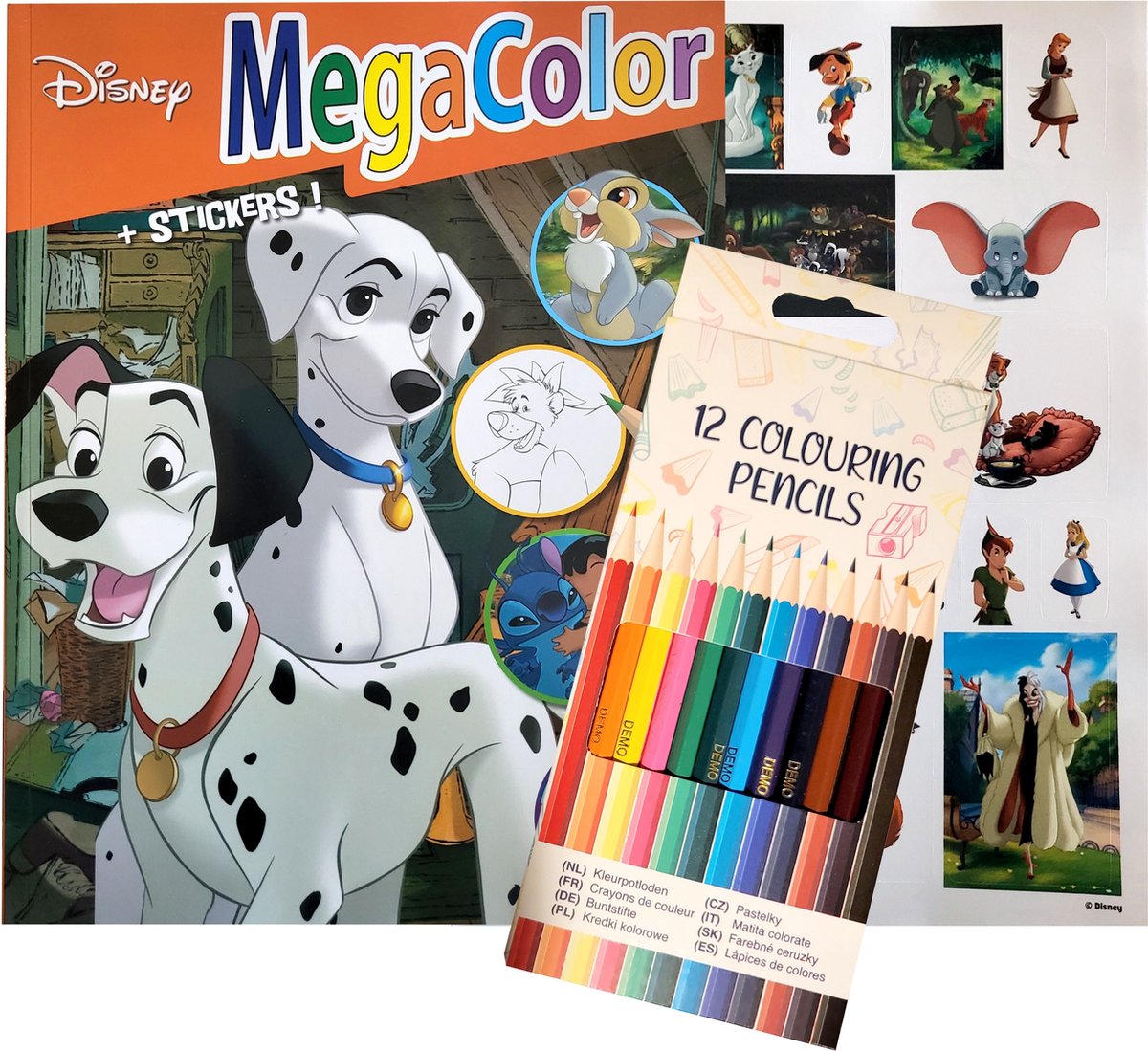 Disney - Kleurboek - Oranje - 130 kleurplaten - met 12 kleurpotloden - 25 stickers - Megacolor - knutselen - cadeau - kado - verjaardag - Lilo en Stitch - Lion King - Jungle Book - 101 dalmatiërs - Disney prinsessen - diverse disney classics