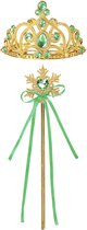 Het Betere Merk - Prinsessen Speelgoed - Prinses Kroon (Tiara) - Toverstaf - Prinsessen Handschoenen - Voor bij je Verkleedkleding - Groen - Goud