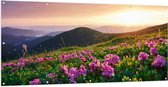 Tuinposter – Roze Bloemen op de Bergen van Landschap tijdens Zonsopkomst - 200x100 cm Foto op Tuinposter (wanddecoratie voor buiten en binnen)