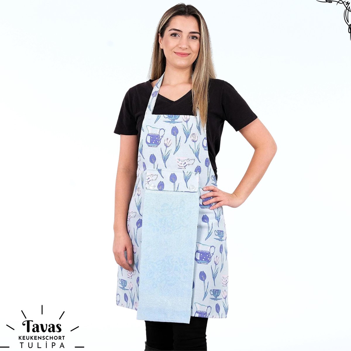 Tulipa Keukenschort met Handdoek | lichtblauwe tulpen | Kookschort - 55 x 75cm | Handdoek - 30 x 50 | Keukenschort dames | Keukenschort voor vrouwen | Katoen