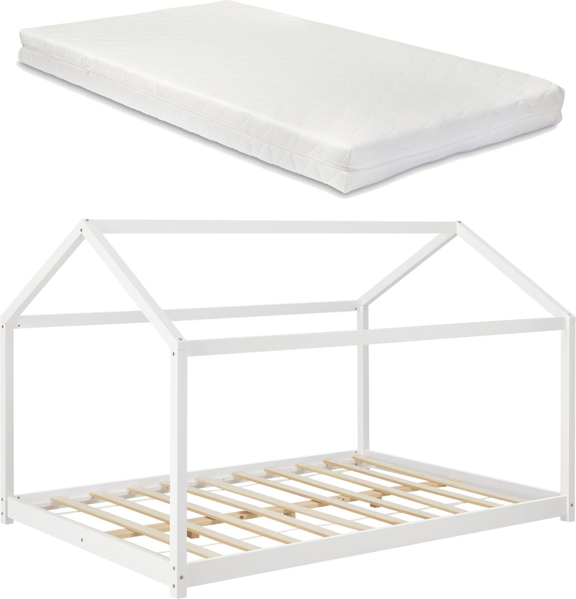 en.casa Kinderbed Cerro twijfelaar huisbed met matras 120x200 cm wit