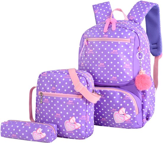 RAMBUX® - Sac à Dos Set 3 Pièces - Pois Violets - Sac à Dos & Sac à Bandoulière & Etui - Cartable - Sac à Dos École - Cartable - 24 Litre