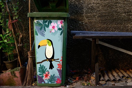 Groene kliko met tropische print: een toekan op een tak, omringd door bladeren en roze, rode en paarse bloemen.