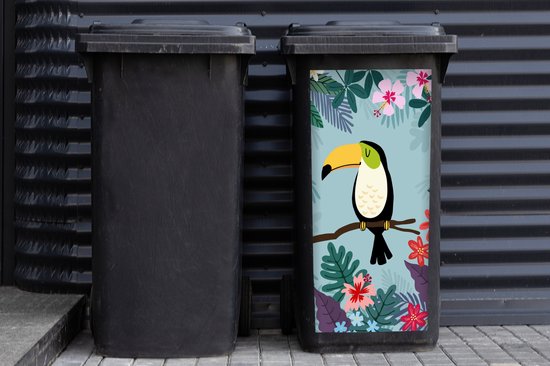 Zwarte kliko met tropische print: een toekan op een tak, omringd door bladeren en roze, rode en paarse bloemen.
