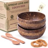 Aruba Coconut Bowl / Cereal Bowls Set van 2 met houten lepel en onderzetter / Natural Jumbo Cereal Bowl / Smoothie Bowls / Veganistische duurzame ontbijtkom / basisset