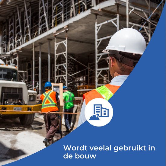 Bouwvakkers op een bouwplaats met een vrachtwagen. Een blauw icoon van gebouwen. "Wordt veel gebruikt in de bouw."