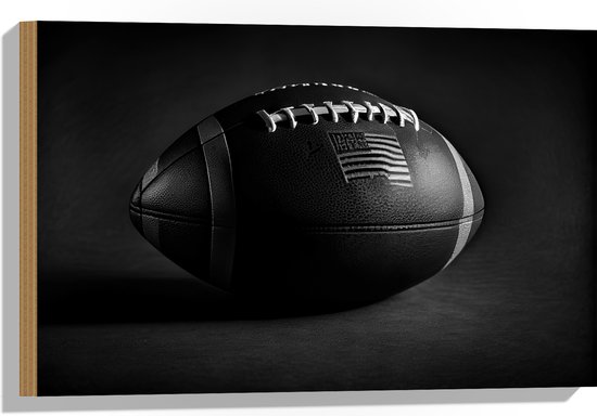 Hout - Rugby Ball in (Zwart- wit) - 60x40 cm - 9 mm dik - Foto op Hout (Met Ophangsysteem)