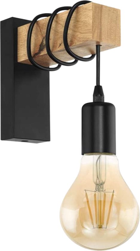 Wandlamp - 1 Lichtbron Vintage Wandarmatuur in Industrieel Ontwerp - Retro Lamp van Staal en Hout - Kleur: Zwart - Bruin - E27