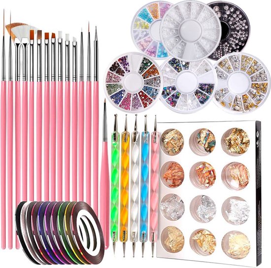 Elysee Beauty Nail art kit - Nagel kwasten met dotting tool - Nagel diamantjes - Nagelfolie - Nail art set