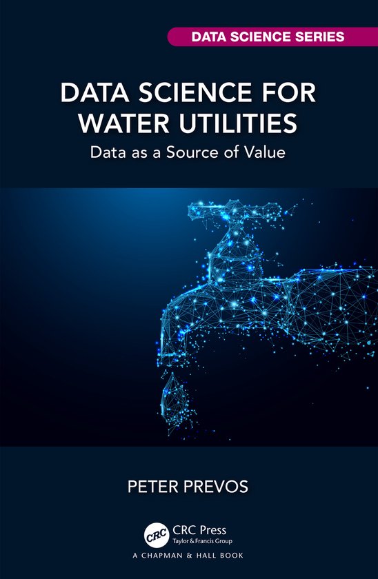 Couverture du livre : 'Data Science for Water Utilities' avec un robinet d'eau en réseau numérique bleu.
