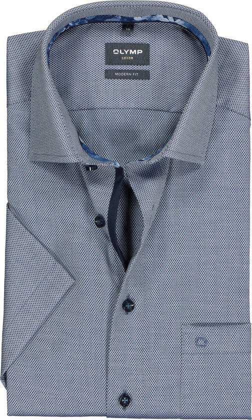 OLYMP modern fit overhemd - korte mouw - structuur - marine blauw (contrast) - Strijkvrij - Boordmaat: 41
