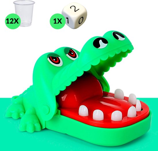 Afbeelding van het spel Krokodil met Kiespijn – Krokodil spel - Drankspel - Inclusief 12 shotglaasjes en dobbelsteen
