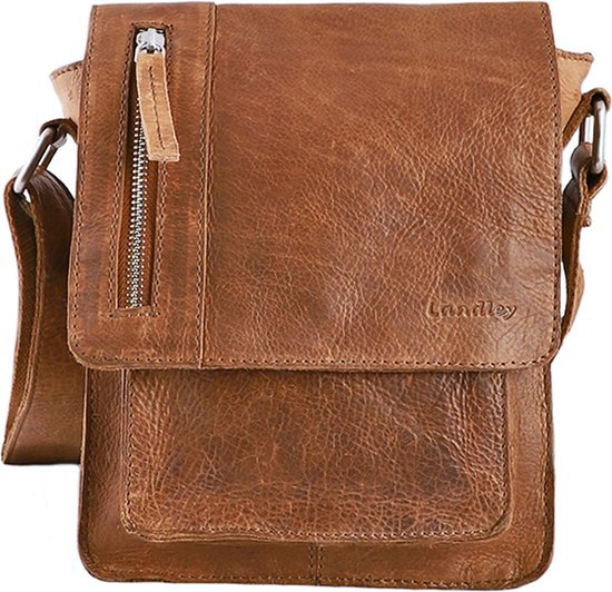 Landley Leren Schoudertasje met sluitflap - Dames en Heren - Antique Vintage Pull-up Leer - Cognac