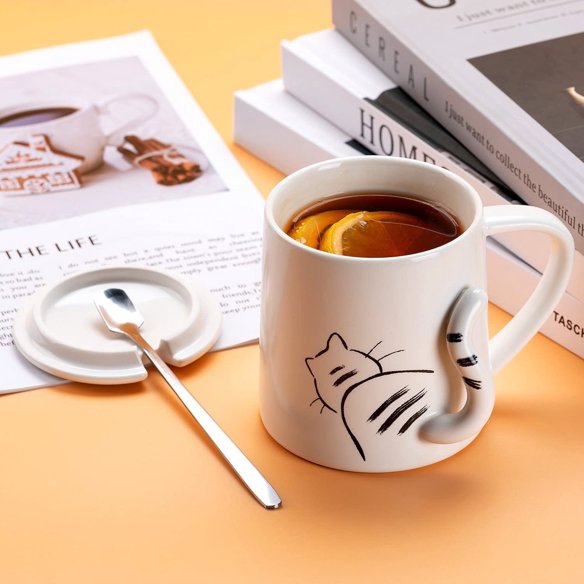 Tasse à café en queue de chat de 350ml, Tasse en céramique résistante à la  chaleur avec couvercle et cuillère, maison bureau petit déjeuner lait tasse  de thé cadeaux de boissons