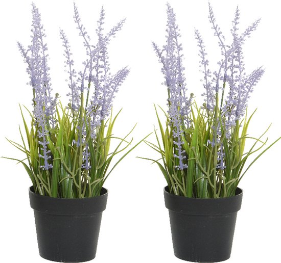 Everlands Lavendel kunstplant in pot - 2x - lila paars - D15 x H30 cm