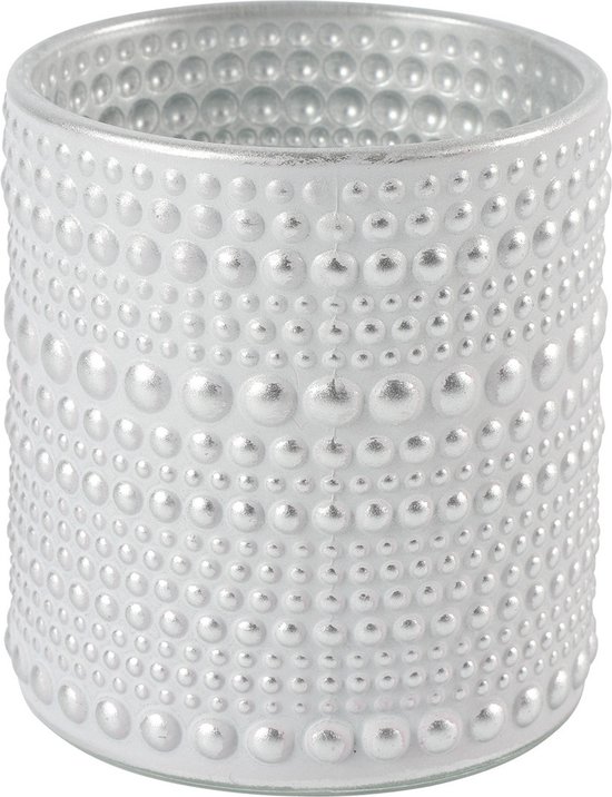 Countryfield Luxe theelichthouder - Aurora - glas - parel wit/zilver - D7 x H8 cm