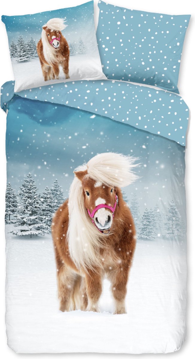 Warme kids flanel dekbedovertrek Winter Horse - 140x200/220 (eenpersoons) - hoogwaardig en superzacht - vrolijke uitstraling