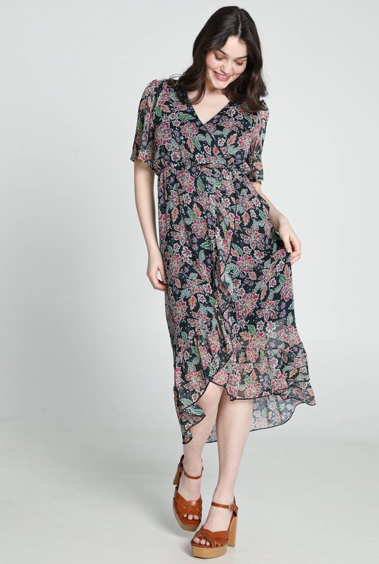 OUGES Jurk Dames Korte Mouw/Lange Mouw Winterjurk V-hals Casual Midi Vrijetijdsjurk met Zakken, Bloemen16, XXL