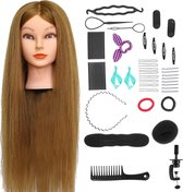 SassyGoods® Oefenhoofd 90% Echt Haar met Statief - Kappershoofd - Oefenpop Kapper - Incl. Styling Accessoires - Goud Bruin Haar - 65 cm