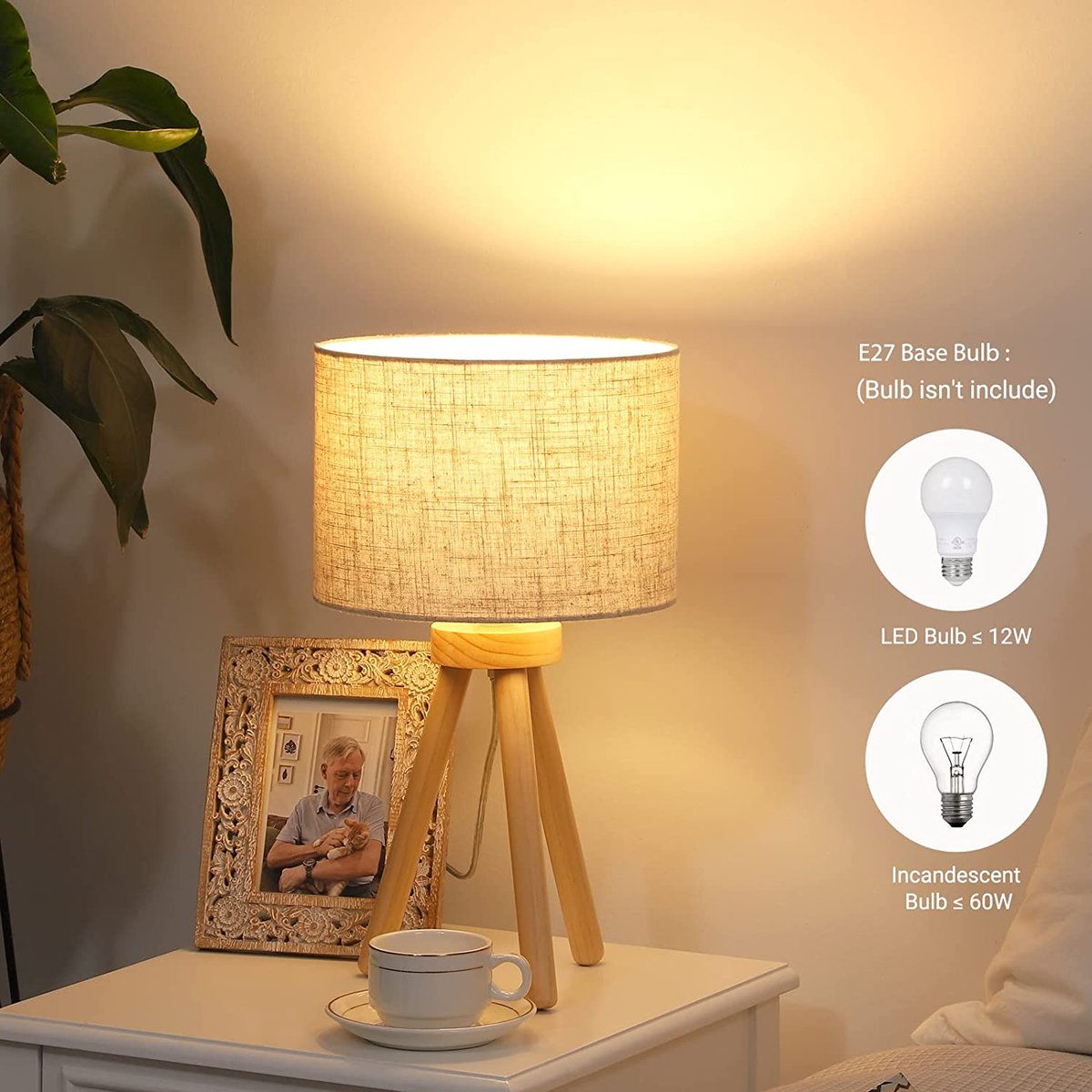 EDISHINE 2-delige Set Tafellamp Hout, LED Nachtkastlamp met Witte Linnen Lampenkap, E27 Fitting, Inclusief Lamp, Vintage Tafellamp voor Slaapkamer, Woonkamer, Cadeau [Energieklasse F