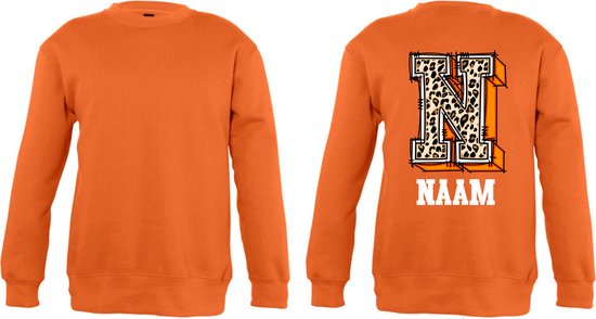 Sweater kind - Oranje - met voorletter en naam - Maat 122/128