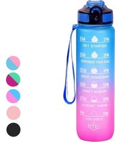Drinkfles Motivatie - Waterfles 1 liter - Tijdsmarkering - Drinkfles met rietje - Bidon - Blauw roze