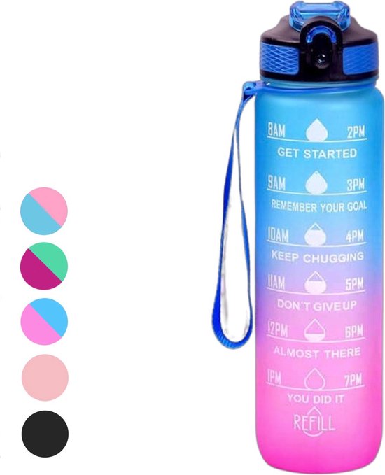 Drinkfles Motivatie Waterfles 1 liter Tijdsmarkering Drinkfles met rietje bol