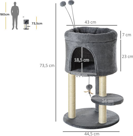 PawHut Krabpaal voor katten, klimboom, krabpaal voor katten, hangbal, hoogte 43 cm, met jute, krabpaal, grijs