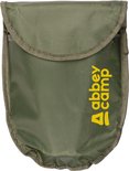 Opbergtas voor een Abbey Camp pioniersschep, legergroen, met gele Abbey Camp logo.