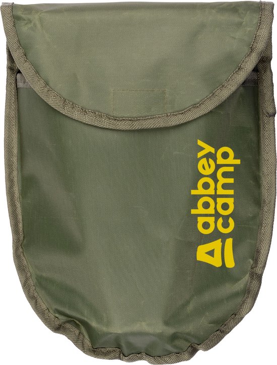 Opbergtas voor een Abbey Camp pioniersschep, legergroen, met gele Abbey Camp logo.