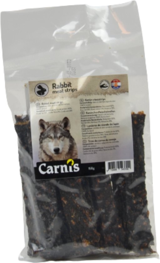 Verpakking Carnis konijnenvleesstrips, 150g, met wolf-afbeelding en productinformatie.