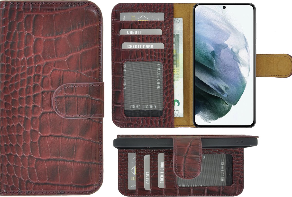 MoDo hoesje Geschikt voor Samsung Galaxy A54 - Echt Leer Book Case - Croco Bordeauxrood