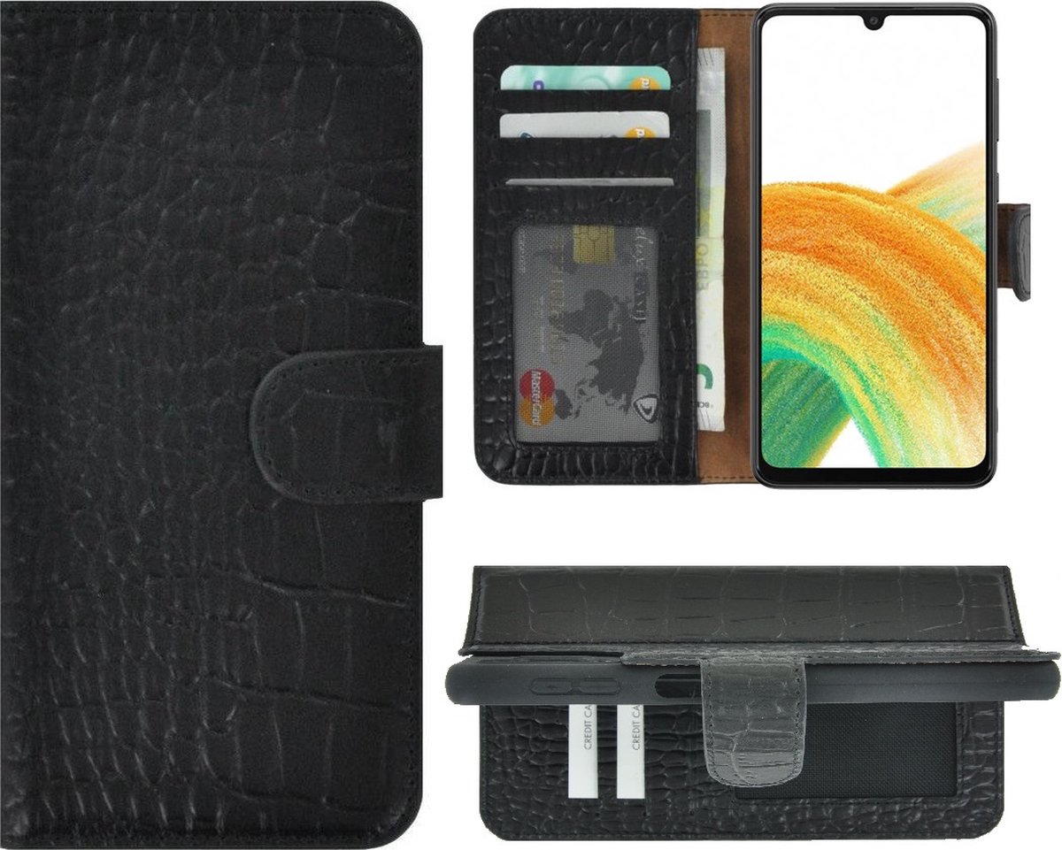 MoDo hoesje Geschikt voor Samsung Galaxy A34 - Echt Leer Book Case - Croco Zwart