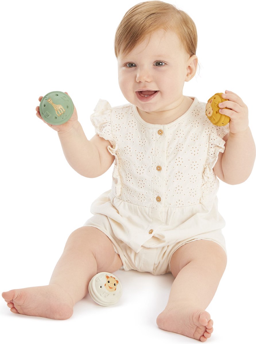 Sophie de giraf Muzikale Speelballen - 5-Senses Collectie - Speelgoedbal - Babyspeelgoed - 100% Natuurlijk rubber - OK-Biobased - Vanaf 3 maanden - Geel/Wit/Groen - 3 Stuks — afbeelding 6