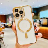 Luxe Magsafe Hoesje Geschikt Voor Apple iPhone 14 Pro - Draadloos Opladen - Transparant - Shockproof Case - Goud