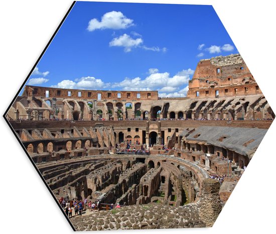 Dibond Hexagon - Binnenkant van het Colesseum in Rome, Italië - 40x34.8 cm Foto op Hexagon (Met Ophangsysteem)