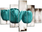 Glasschilderij -  Tulpen, Bloemen - Turquoise, Sepia - 100x70cm 5Luik - Geen Acrylglas Schilderij - GroepArt 6000+ Glasschilderijen Collectie - Wanddecoratie- Foto Op Glas