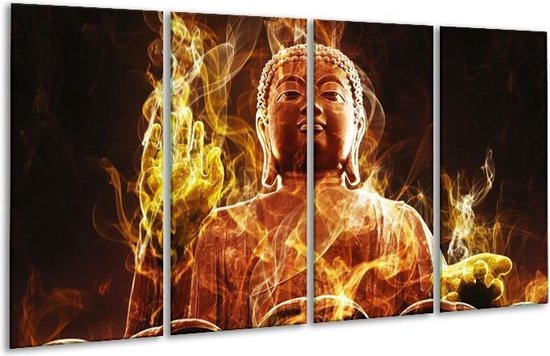 GroepArt - Glasschilderij - Boeddha - Bruin, Geel, Zwart - 160x80cm 4Luik - Foto Op Glas - Geen Acrylglas Schilderij - 6000+ Glasschilderijen Collectie - Wanddecoratie