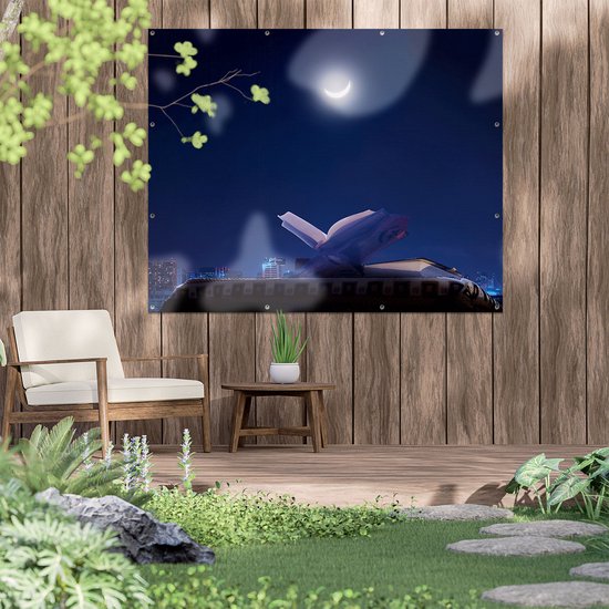 Gards Affiche de jardin Boek Saint Coran avec un croissant de lune - 150x120 cm - Toile de jardin - Décoration de jardin - Décoration murale extérieur - Tableau de jardin