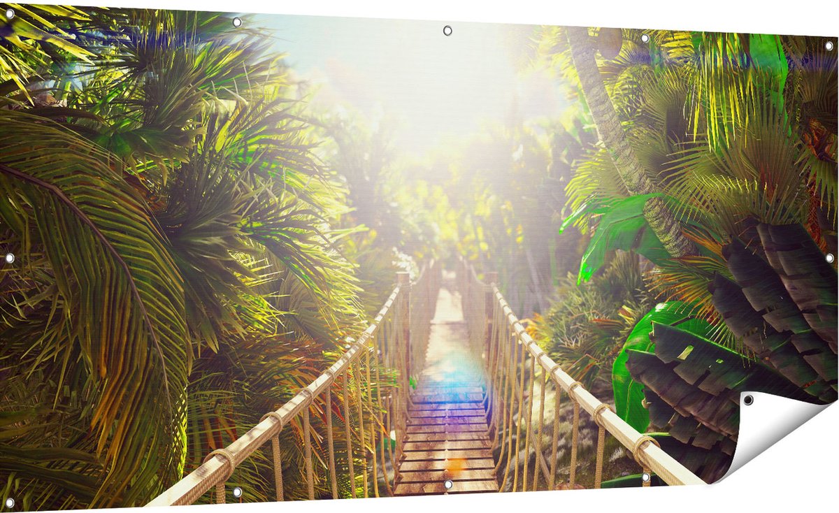 Gards Tuinposter Houten Brug in de Tropische Jungle - 180x90 cm - Tuindoek - Tuindecoratie - Wanddecoratie buiten - Tuinschilderij Multikleur