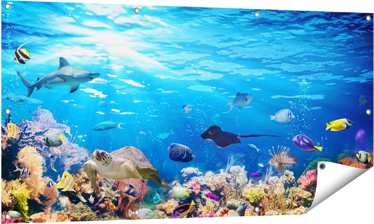 Gards Tuinposter Vissen met Koraalrif onder Water - 140x70 cm - Tuindoek - Tuindecoratie - Wanddecoratie buiten - Tuinschilderij Multikleur
